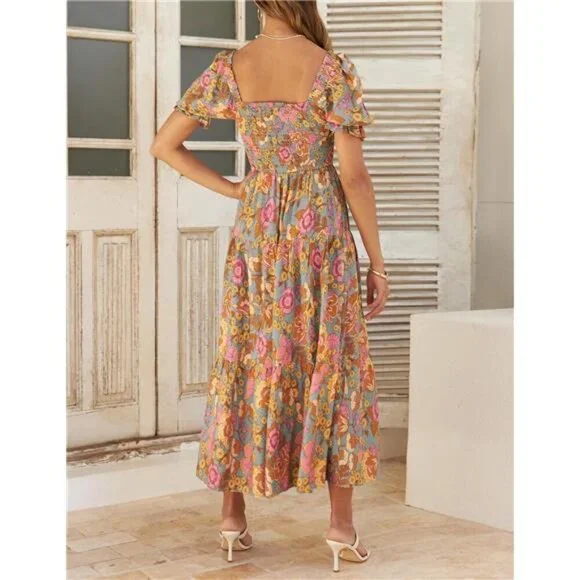 Women's Summer Boho Floral Square Neck Ruffle Maxi Dress Beach Casual